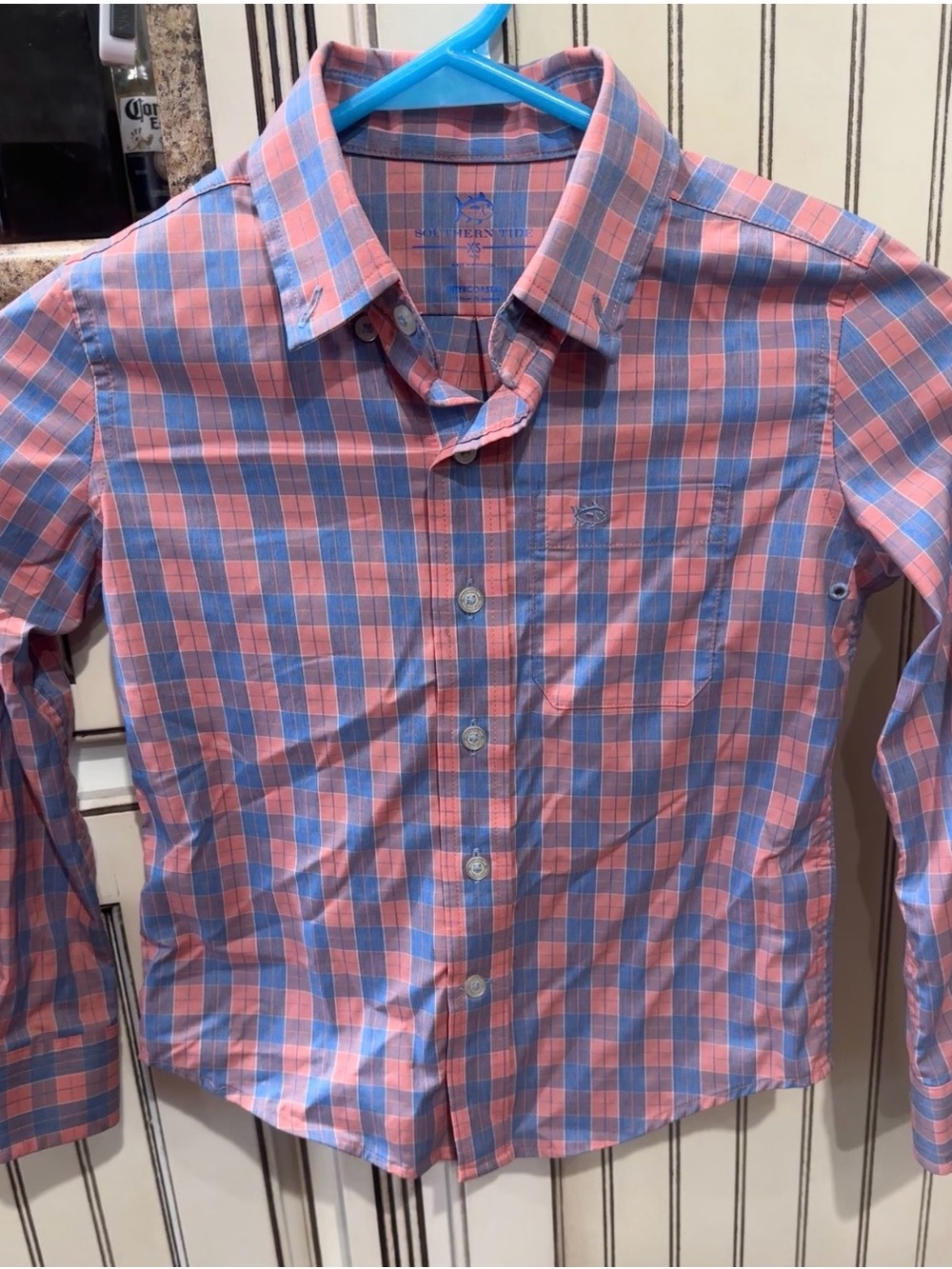 Southern Tide Boys Peachy Pink & Blue Plaid performance Button-Down Shirt 4/5